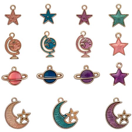 NBEADS 90 Pcs Universe Theme Zinc Alloy Enamel Charm Pendants, 5 Different Shapes Moon Stars Earth Dangling Pendants Crafting Accessories for DIY Necklace Bracelet Jewelry Making, Mixed Color