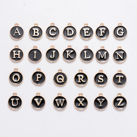 Golden Plated Alloy Enamel Charms, Enamelled Sequins, Flat Round with Alphabet, Letter A~Z, Turquoise, Black, 14x12x2mm, Hole: 1.5mm; 26pcs/set