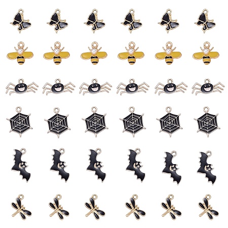 ARRICRAFT 36Pcs/Box 6 Style Light Gold Plated Alloy Pendants, with Enamel, Butterfly & Bee & Spider & Spider Web & Bat & Dragonfly Shape, Black, 36pcs/box