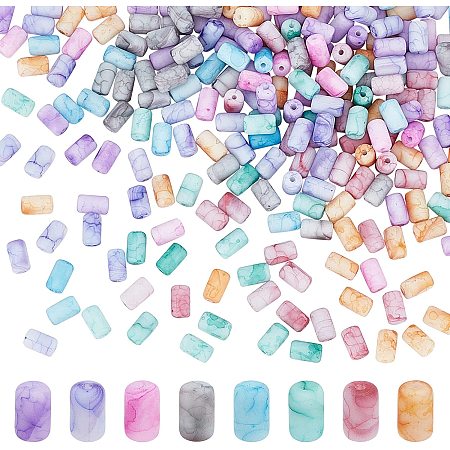 PandaHall Elite 320pcs Column Glass Beads, 8 Colors Opaque Baking Painted Crackle Beads Frosted Spacer Loose Beads Lampwork Handcrafted Beads for Bracelet Necklace Jewelry Crafts, 7.5x4.5mm
