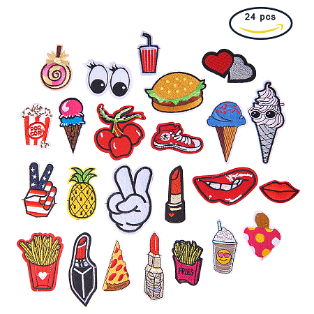 BENECREAT 24PCS Food & Sweet Theme Iron On Patches– Embroidered Patches Applique Motif Applique Kit Assorted Size Decoration Sew On Patches for Jackets, Backpacks, Jeans, Clothes
