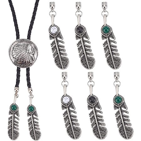 CHGCRAFT 6 PCS 3 Colors Indian Style Feather Charms Pendants DIY Metal Accessories Bolo Tie Tips for DIY DIY Bolo Tie Bracelet Necklace Jewelry Making Findings 57mm