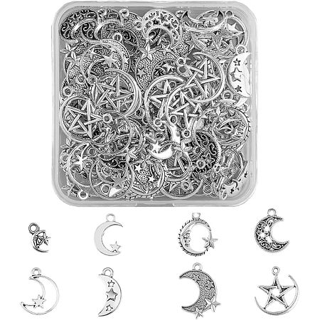 SUPERFINDINGS 112Pcs 8 Styles Star Moon Pendants Tibetan Style Alloy Charm Pendant Antique Silver Celestial Dangle Beads Charms Hollow Moon with Star Charms for DIY Jewelry Making，Hole: 1.4~2mm