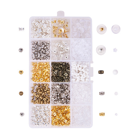 PandaHall Elite 1 Box About 1380Pcs Brass Iron and Plastic Earnuts Earring Stoppers Sets Mixed Color for Jewelry Making Findings