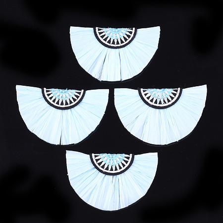 Raffia Decoration Accessories, with Cotton, Fan Shaped, Light Cyan, 41~42x68~69x6mm