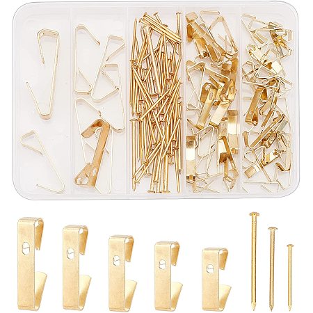 SUPERFINDINGS Picture Hanging Hook Kit Including 5 Size 60pc Hook and 3 Size 60pc Nail Light Gold Heavy Duty Picture Hanger Photo Frame Hooks for Hanging Pictures Wall Mounting