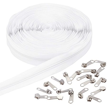 BENECREAT 11 Yard/10m Nylon Zippers #5 Sewing Zippers Nylon Coil Zippers with 20PCS Alloy Zipper Puller for Tailor Sewing Crafts, White