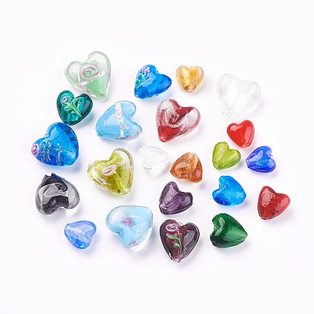 ARRICRAFT Handmade Silver Foil Glass Beads, Heart, Mixed Style, Mixed Color, 12~20x12~21x8~13.5mm, Hole: 1.5~2mm