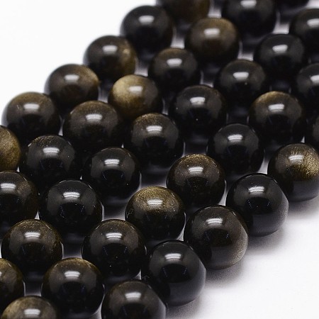 Honeyhandy Natural Golden Sheen Obsidian Beads Strands, Round, Coffee, 8mm, Hole: 1mm, about 49pcs/strand, 15.7 inch