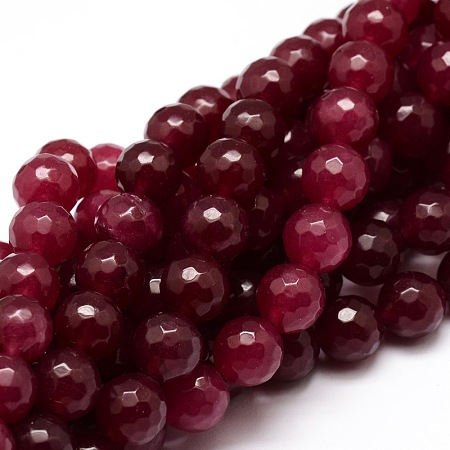ARRICRAFT Dyed Natural White Jade Round Beads Strands, Faceted, Cerise, 8mm, Hole: 1mm; about 48pcs/strand, 15.3 inches