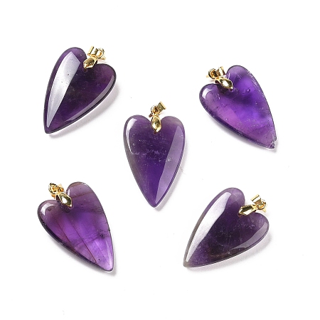 Honeyhandy Natural Amethyst Pendants, with Rack Plating Golden Plated Brass Findings, Long-Lasting Plated, Heart, 32~34x20x8mm, Hole: 4x4mm