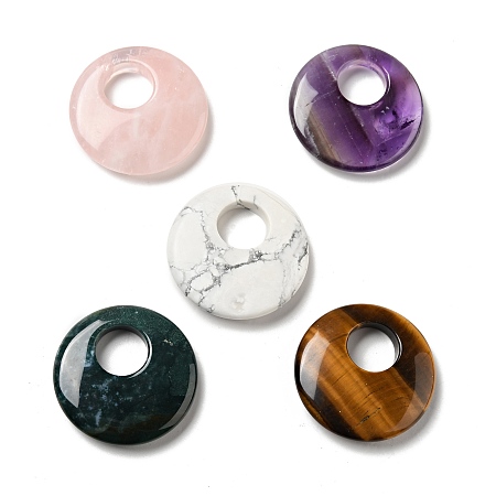 Natural Mixed Stone Pendants, Donut/Pi Disc Charm, 40~41x8~9mm, Hole: 14.5~15mm