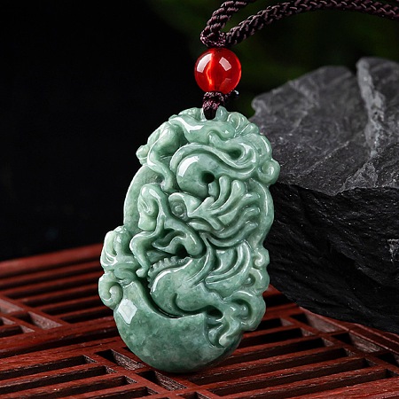 Honeyhandy Natural Jadeite Pendant Necklaces, with Resin Bead and Wax Rope, the 12 Chinese Zodiac, Dragon, 27.56 inch(70cm), Pendant: 33.5x21.5mm