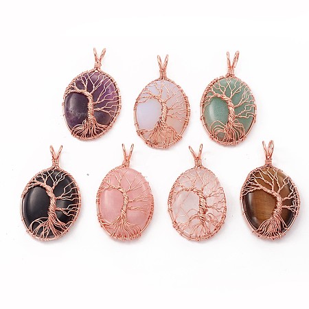 Honeyhandy Natural & Synthetic Mixed Gemstone Big Pendants, with Rose Gold Plated Brass Findings, Oval with Tree of Life, 58~60x34~35x13~14mm, Hole: 6mm