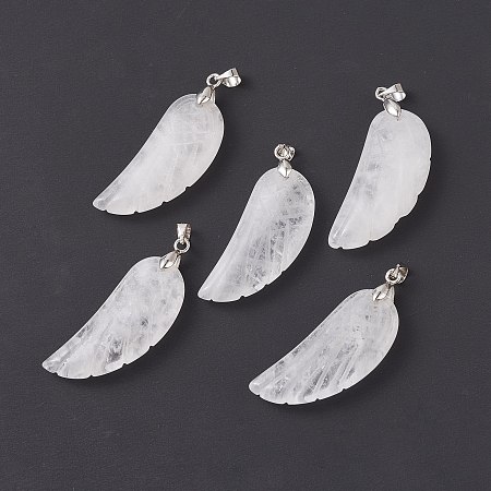Honeyhandy Natural Quartz Crystal Pendants, with Platinum Plated Brass Loops, Wing, 36x15~16.6x6.5~7.7mm, Hole: 5x4mm