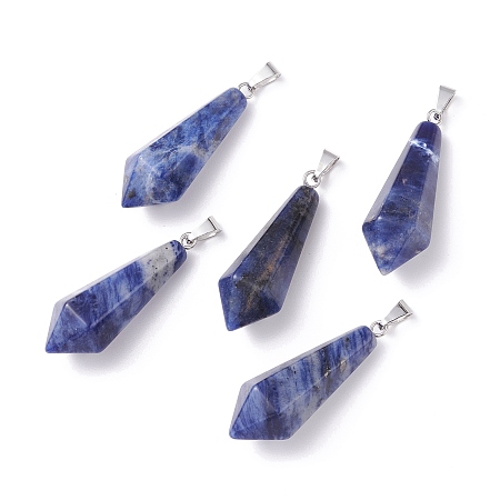 Honeyhandy Natural Sodalite Pointed Pendants, with Platinum Plated Brass Loops, Bullet, 35.3~38x13~14mm, Hole: 6.5x2.8mm
