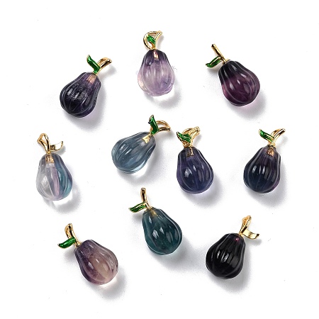 Honeyhandy Natural Fluorite Carved Pendants, with Golden Plated Brass Findings and Green Enamel, Pear, 21x11mm, Hole: 4x2.6mm