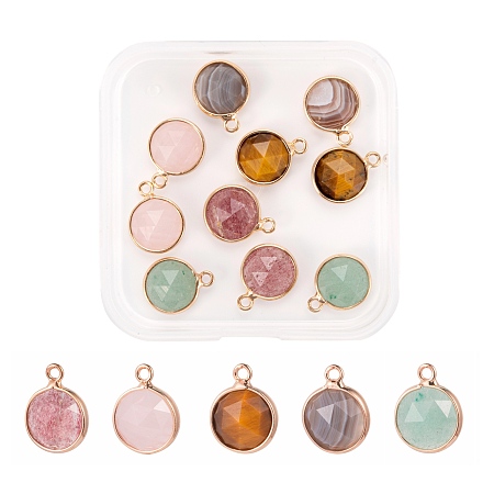 Arricraft 10Pcs/Box 5 Styles Natural Gemstone Charms, with Light Gold Plated Brass Edge and Loop, Half Round/Dome, Faceted, 14x11x5mm, Hole: 1.5mm, 2pcs/style