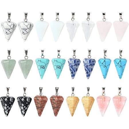 NBEADS 12 Pcs Cone Shaped Gemstone Pendants, 12 Styles Spike Rock Charms Pendulum Natural Synthetic Stone Charms for Necklace Jewelry Making