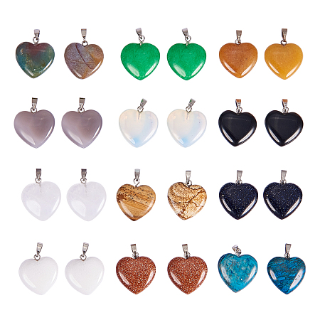Pandahall Elite 12 Colors Heart Shape Healing Chakra Beads Crystal Quartz Stone Charms Pendants for Necklace Jewelry Making-24pieces