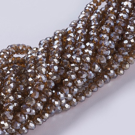 Honeyhandy Electroplate Glass Beads Strands, Full Plated, Faceted, Rondelle, Brown, 3x2mm, Hole: 0.8~1mm, about 185~190pcs/strand, 15.5~16 inch(39.3~40.6cm)