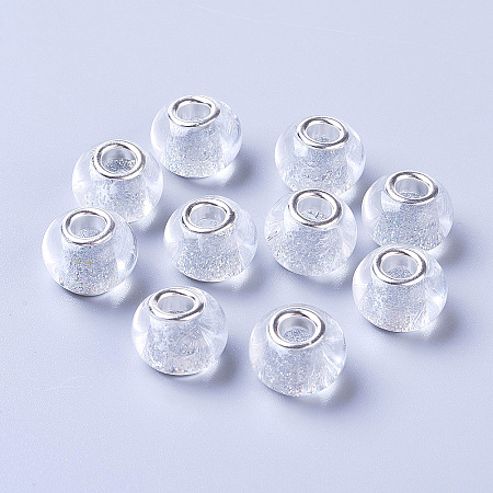 Honeyhandy Glass European Beads, Large Hole Beads, with Silver Color Plated Brass Cores, Rondelle, Light Grey, 14x11mm, Hole: 4.5mm