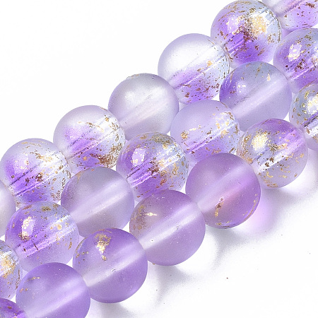 Honeyhandy Frosted Spray Painted Glass Beads Strands, with Golden Foil, Round, Medium Purple, 8~9mm, Hole: 1.2~1.5mm, about 46~56pcs/Strand, 14.37 inch~16.3 inch(36.5~41.4cm)