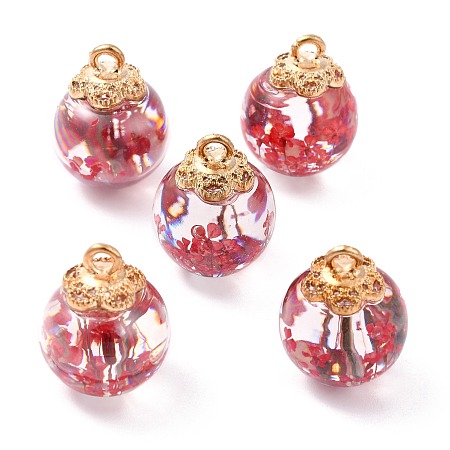 Arricraft Glass Dried Flower Big Pendants, with Alloy Findings, Round, Light Gold, Red, 21x16mm, Hole: 2mm