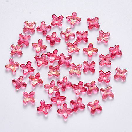 Arricraft Transparent Spray Painted Glass Beads, with Glitter Powder, Clover, Cerise, 8x8x3mm, Hole: 0.9mm
