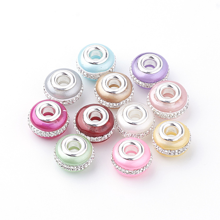 Arricraft Two Tone Glass European Beads, with Silver Color Plated Brass Double Cores, Large Hole Beads, Rubberized Style, Rondelle, Mixed Color, 15x12mm, Hole: 5mm