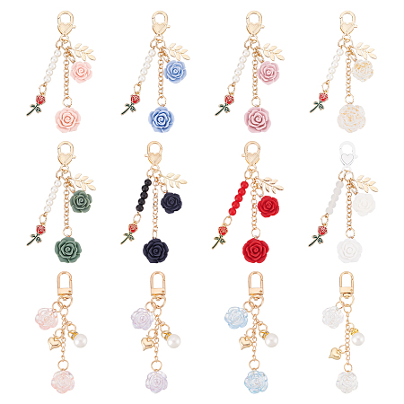 CRASPIRE 12Pcs 12 Style Valentine's Day Resin & Zinc Alloy Rose Charm Pendant Decorations for Women, with Lobster Clasp, Mixed Color, 98~102mm, 1pc/style