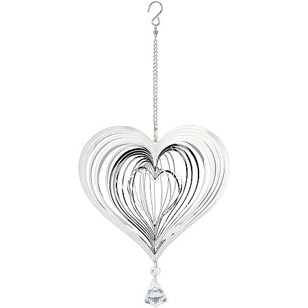 SUPERFINDINGS 1set 13.78Inch Long Stainless Steel Heart Wind Chime 3D Heart Garden Wind Spinner Hanging Wind Chimes Decorations Crafts Ornaments with Clear Natural Quartz Crystal Cone Pendant