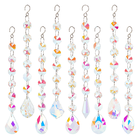 Globleland 9Pcs 9 Style AB Color Faceted Glass Suncatchers, Big Pendant Decoration, Rainbow Maker, with 201 Stainless Steel Hooks, Maple Leaf/Horse Eye/Cone/Teardrop, Clear AB, 189~191mm, 1pc/style