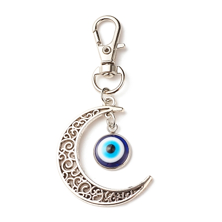 Honeyhandy Tibetan Style Pendant Decorates, with Resin Evil Eye Cabochons, Alloy Pendants & Lobster Claw Clasps, Antique Silver, 78mm