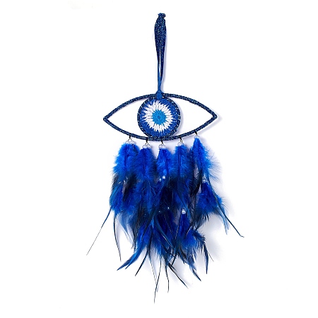 Honeyhandy Handmade Evil Eye Woven Net/Web with Feather Wall Hanging Decoration, with Beads, for Home Offices Amulet Ornament, Dark Blue, 460mm