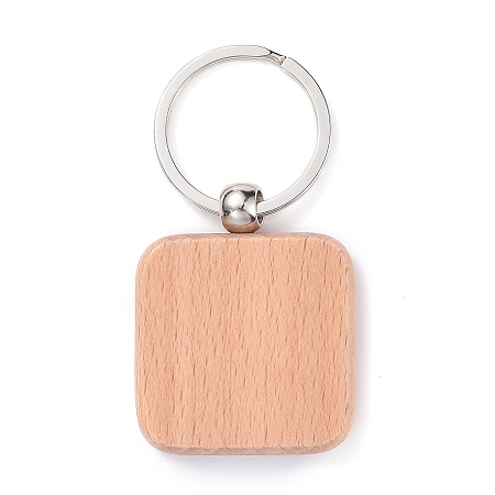 Honeyhandy Natural Wood Keychain, with Platinum Plated Iron Split Key Rings, Square, BurlyWood, 7.5cm, Square: 48.5x39.5x7mm