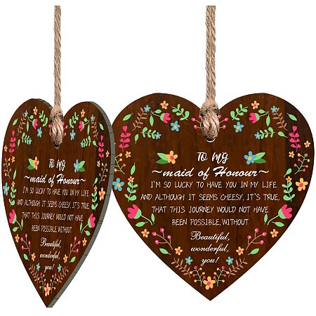 CRASPIRE Wedding Hanging Sign My Maid of Honor Wooden Plaque Wedding Gift 2pcs Wooden Hanging Heart Plaque with Jute Twine for Friends Christmas Ornaments Birthday Gifts for Wall Door Decor