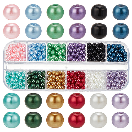 PandaHall Elite 12 Colors Baking Painted Pearlized Glass Pearl Round Beads, Mixed Color, 4~5mm, Hole: 1mm, 40~50Pcs/color