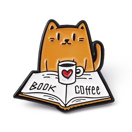 Honeyhandy Love Book Coffee Enamel Pin, Electrophoresis Black Alloy Brooch for Cat Person, Heart Pattern, 29x31x2mm, Pin: 1.3mm
