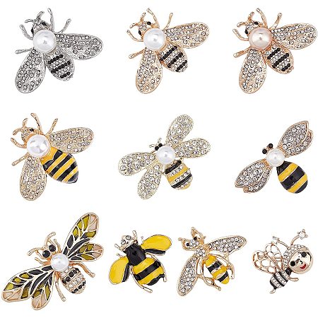 NBEADS 10 Pcs Enamel Brooch, Alloy Bee Enamel Brooches Pin Set Cute Cartoon Lapel Badge Pin with Rhinestone and Plastic Beads for Clothes Bag Jacket Backpack Decoration DIY Crafts