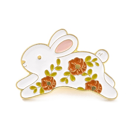 Honeyhandy Rabbit with Flower Enamel Pin, Animal Alloy Enamel Brooch for Backpack Clothes, Golden, WhiteSmoke, 20.5x29.5x9.5mm, Pin: 1mm