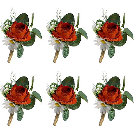 GORGECRAFT 6Pcs Red Wedding Boutonniere Groom and Groomsmen Artificial Corsage Boutonniere with Pins for Wedding Ceremony Anniversary Dinner Party Vintage Wedding Decoration Bridal Accessories