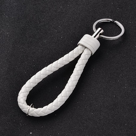PandaHall Elite White Braided PU Leather Key Chains with Platinum Plated Iron Findings 130mm