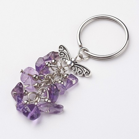 Honeyhandy Natural Amethyst Keychain, with Tibetan Style Alloy Findings, Antique Silver and Platinum, 68mm