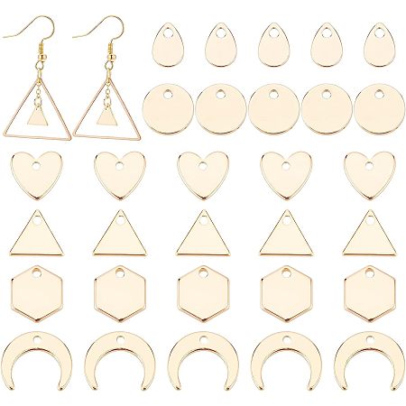 BENECREAT 60Pcs 6 Style 18K Gold Plated Flat Brass Charms, Flat Round Heart Triangle Teardrop Blank Stamping Pendants for Bracelet Earring Pendant Charms