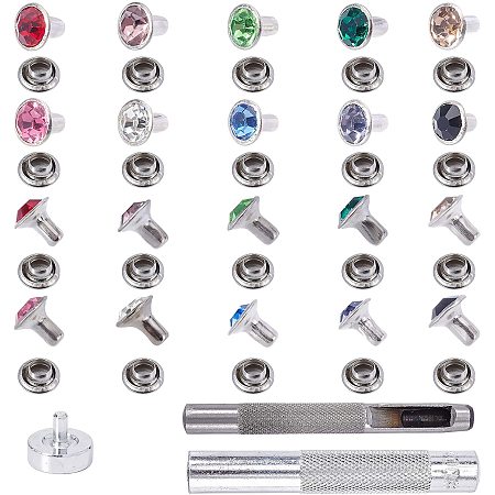NBEADS 200 Sets Rhinestone Rivets, Brass Crystal Rivets Studs with Pieces Setting Tool Kit Colorful Rivets for Leather Craft DIY Making