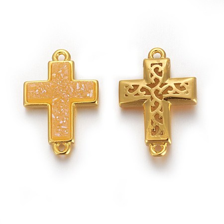 Brass Links connectors, with Druzy Resin, Golden Plated Color, Cross, Orange, 19.7x13.5x3.5mm, Hole: 1.2mm