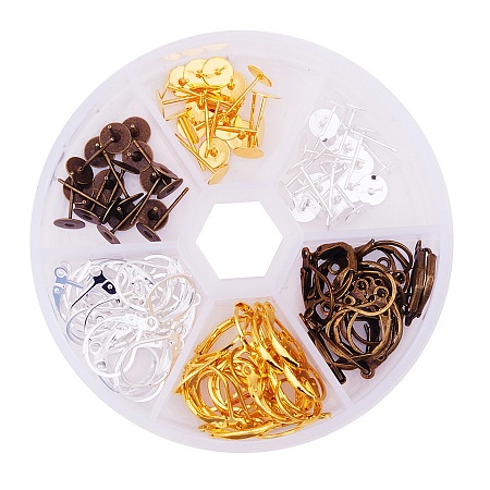 Pandahall 1 Box 120pcs Mixed 3 Colors Brass 15mm Lever Back Hoop Earrings and 10mm Ear Studs Sets for Jewelry Making Findings