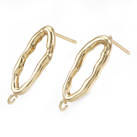 Honeyhandy Brass Stud Earring Findings, with Loop, Real Gold Plated, Oval, Real 18K Gold Plated, 19x6mm, Hole: 1.2mm, Pin: 0.7mm