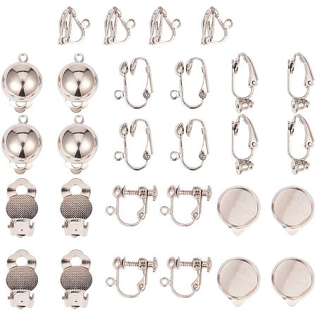 SUNNYCLUE 1 Box 28pcs 7 Style Nickel Free Clip-on Earring Findings Non Pierced Earring Converter Screw Back Ear Wire Pad Base Flat Back Round Tray Blank Components for DIY Jewelry Making